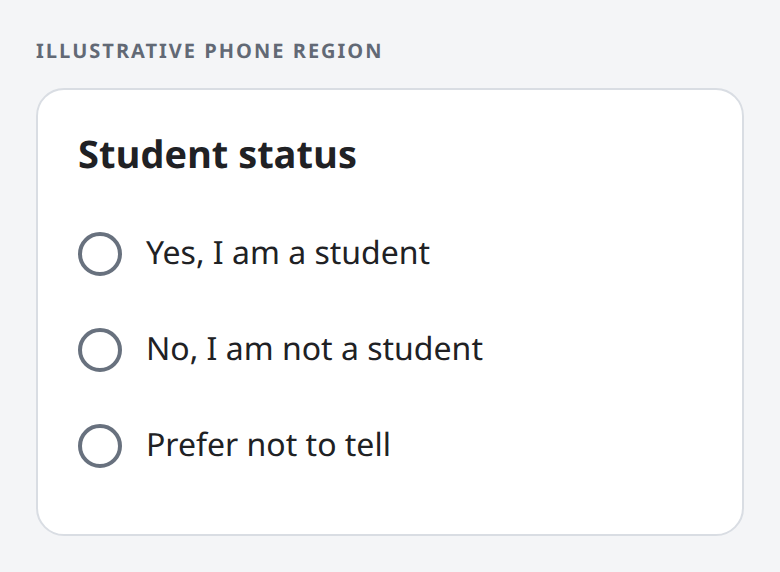 Illustrative phone region: Yes, I am a student; No, I am not a student; and Prefer not to tell are all unselected.
