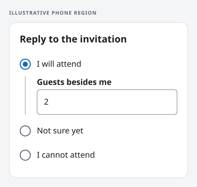Illustrative phone region: I will attend is selected, and Guests besides me shows 2 directly below it, above Not sure yet.
