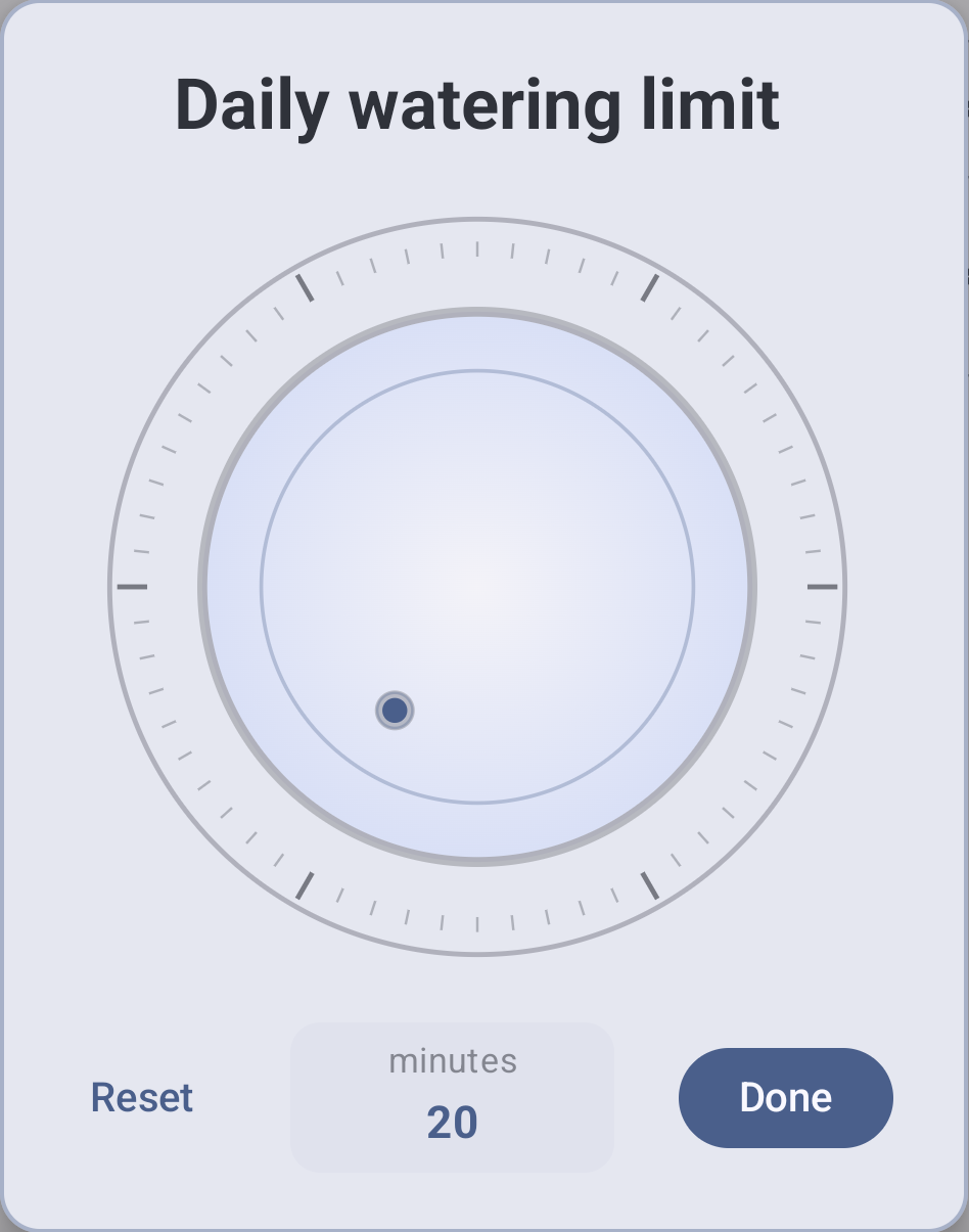 Cropped daily watering limit wheel displaying 20 with the localized minutes label, and Reset and Done controls.