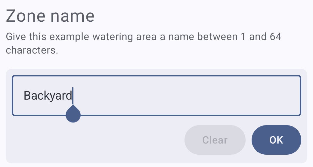Cropped zone-name editor containing Backyard, with Clear and OK controls.