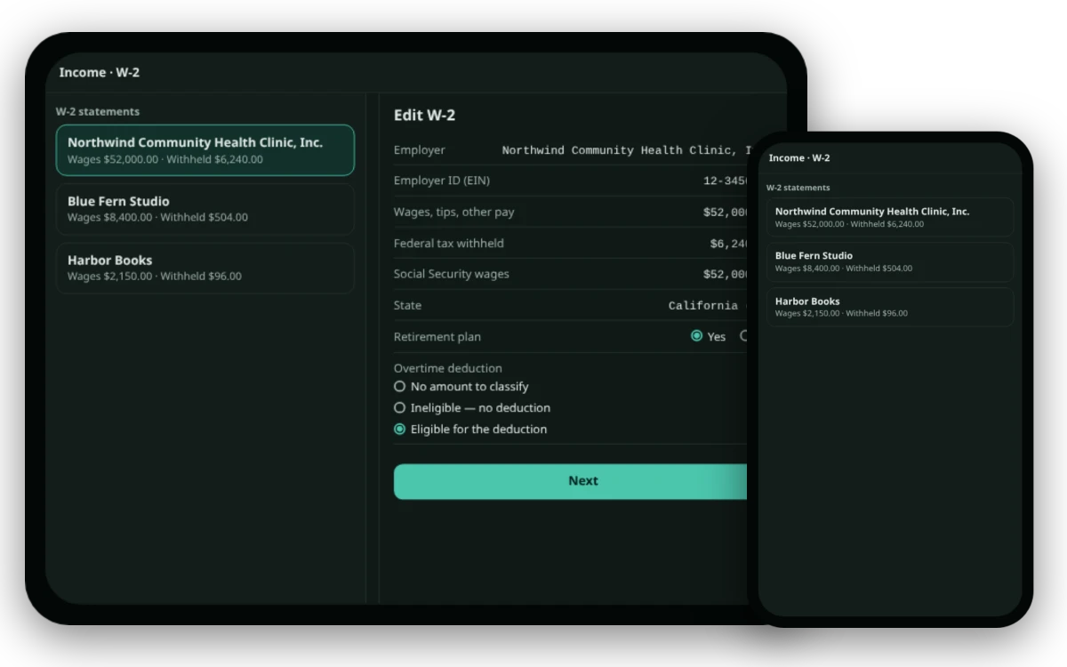 The tax App's W-2 page drawn for a tablet, with the statement list beside the edit form, and for a phone, with the list alone.