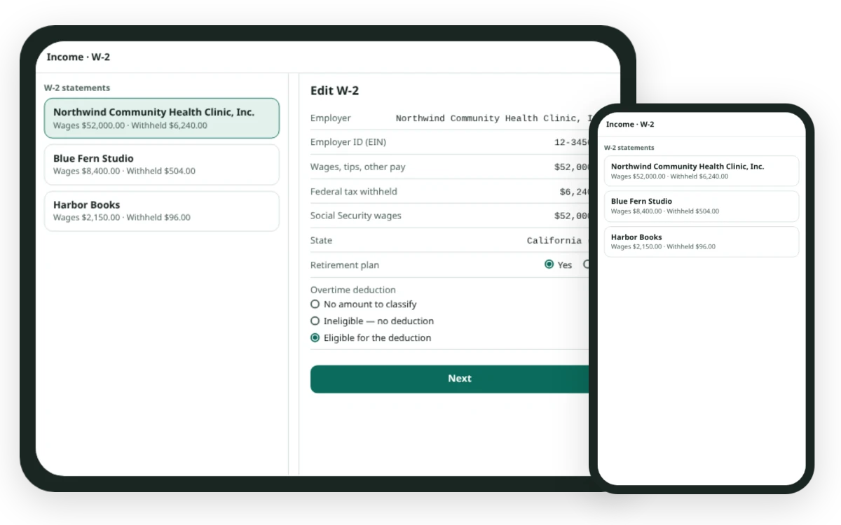 The tax App's W-2 page drawn for a tablet, with the statement list beside the edit form, and for a phone, with the list alone.