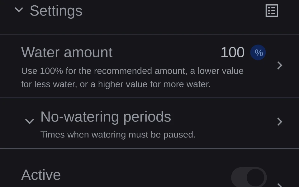 The Frontyard settings screen as a client draws it: water amount, no-watering periods and the Active switch.