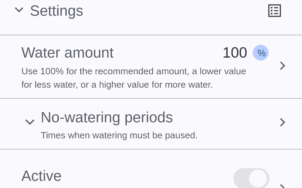 The Frontyard settings screen as a client draws it: water amount, no-watering periods and the Active switch.