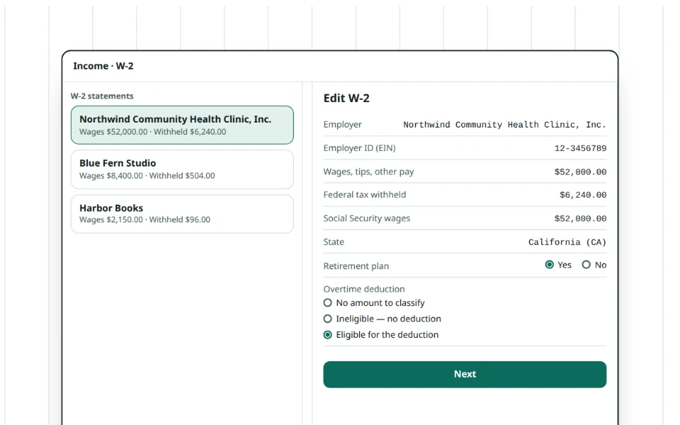 Conceptual drawing of a W-2 income screen: a list of W-2 statements beside an edit form, as a client draws it from the declaration.