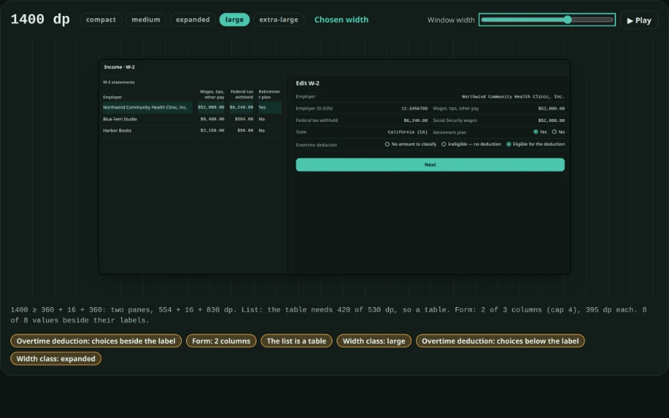 One W-2 declaration beside the screen a client draws from it, at a width the page sweeps from phone to web.