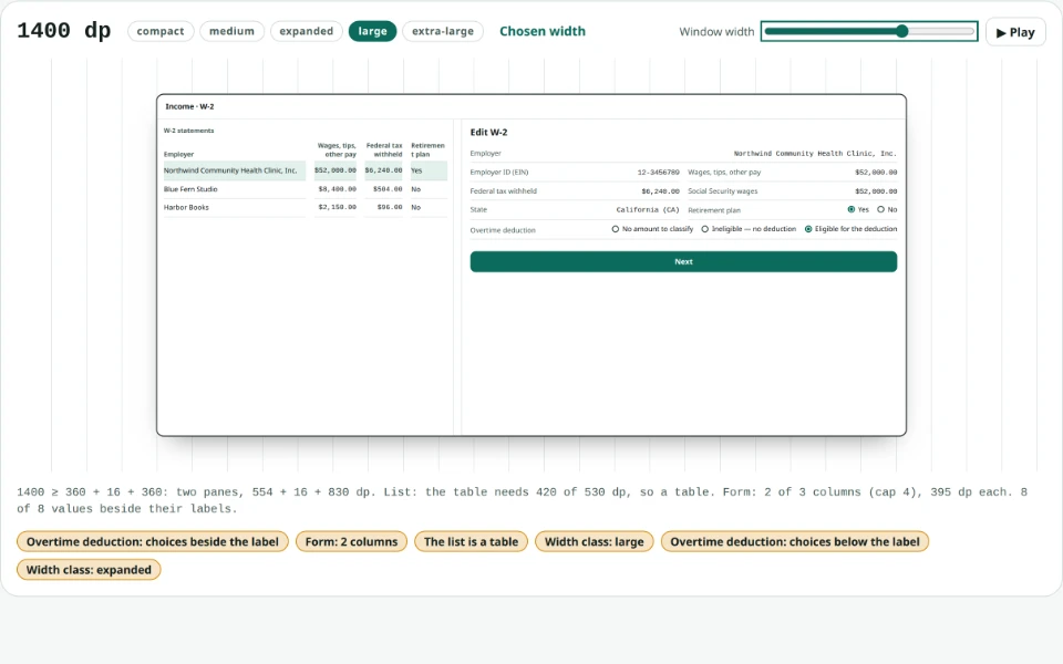 One W-2 declaration beside the screen a client draws from it, at a width the page sweeps from phone to web.