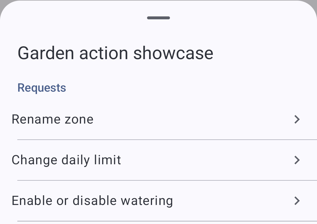 The chooser offers Rename zone, Change daily limit, and Enable or disable watering.