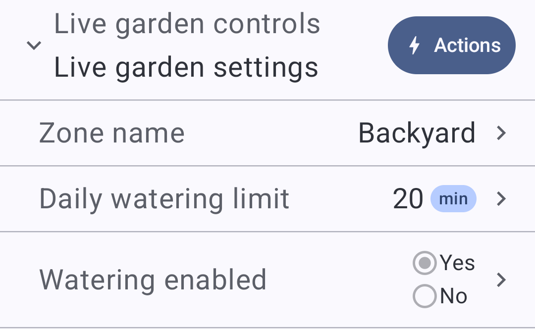 The subscription view shows Backyard, a 20-minute daily limit, watering enabled, and an Actions button.